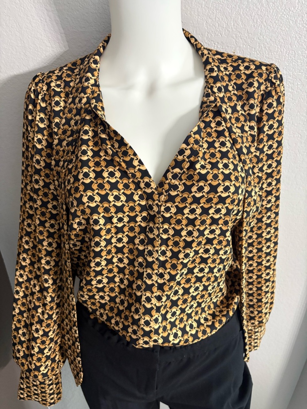 Investments Black & Gold Chain-Print Long Sleeve Bow Blouse